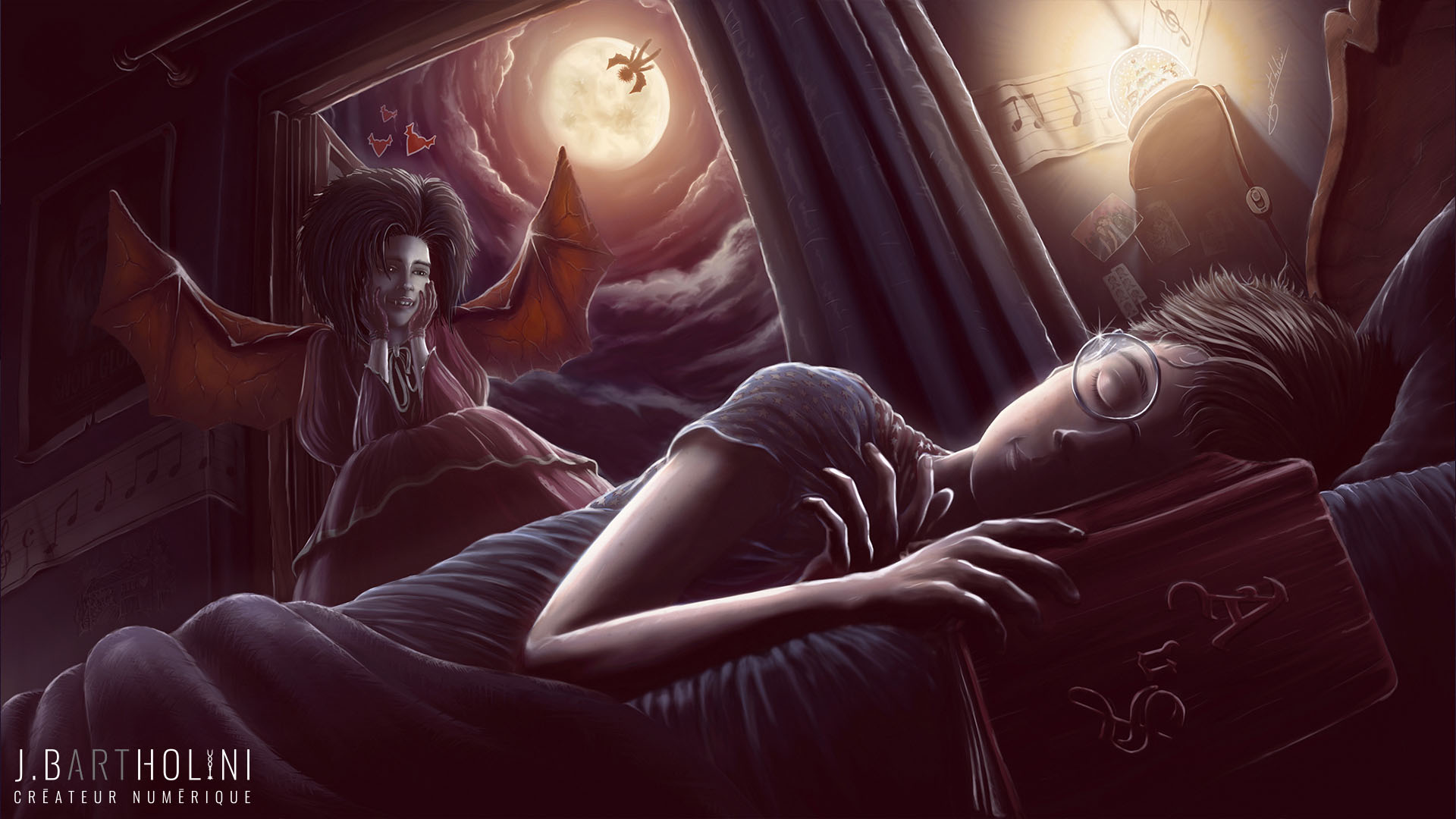 illustration chambre nuit petite vampire regarde amoureusement petit garçon dormir